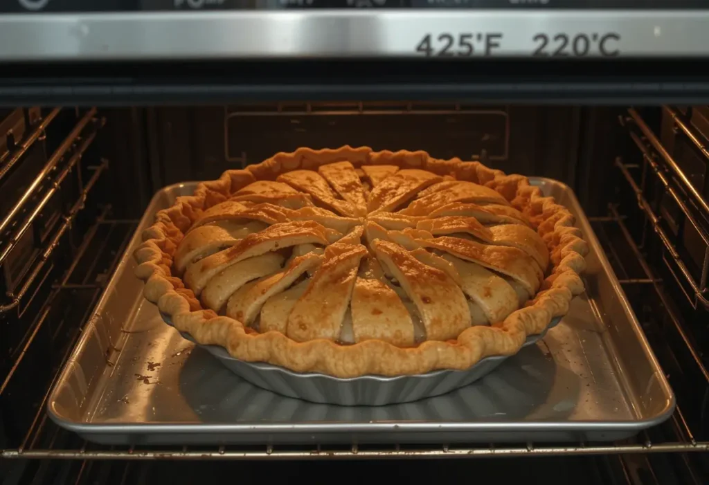A golden-brown Pillsbury apple pie with a decorative crust baking in the oven at 425°F (220°C)