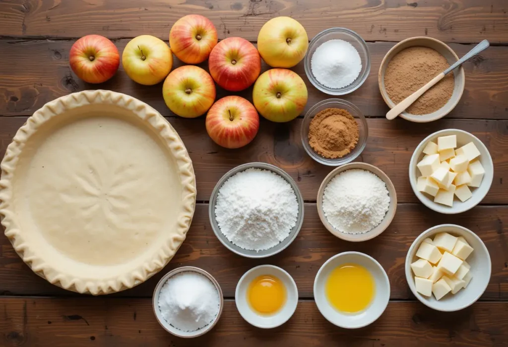 Ingredients for apple pie, including apples, pie crust, sugar, flour, butter, cinnamon, and eggs, arranged on a wooden surface.