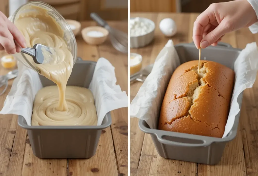 Side-by-side images showing cake batter being poured into a loaf pan and a baked loaf being tested for doneness with a toothpick.