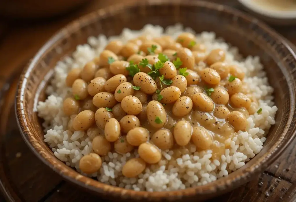 Butter beans in savory gravy served over white rice in a rustic bowl, topped with cracked black pepper and fresh parsley