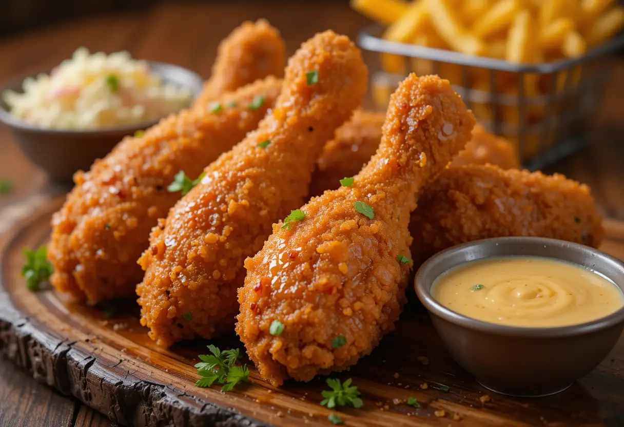 A plate of golden-brown crispy fried chicken drumsticks garnished with fresh herbs, served with a side of honey mustard dipping sauce, coleslaw, and fries.