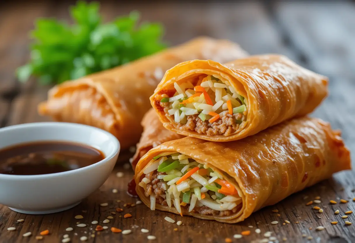 Golden crispy spring rolls filled with vegetables and meat, served with dipping sauce.