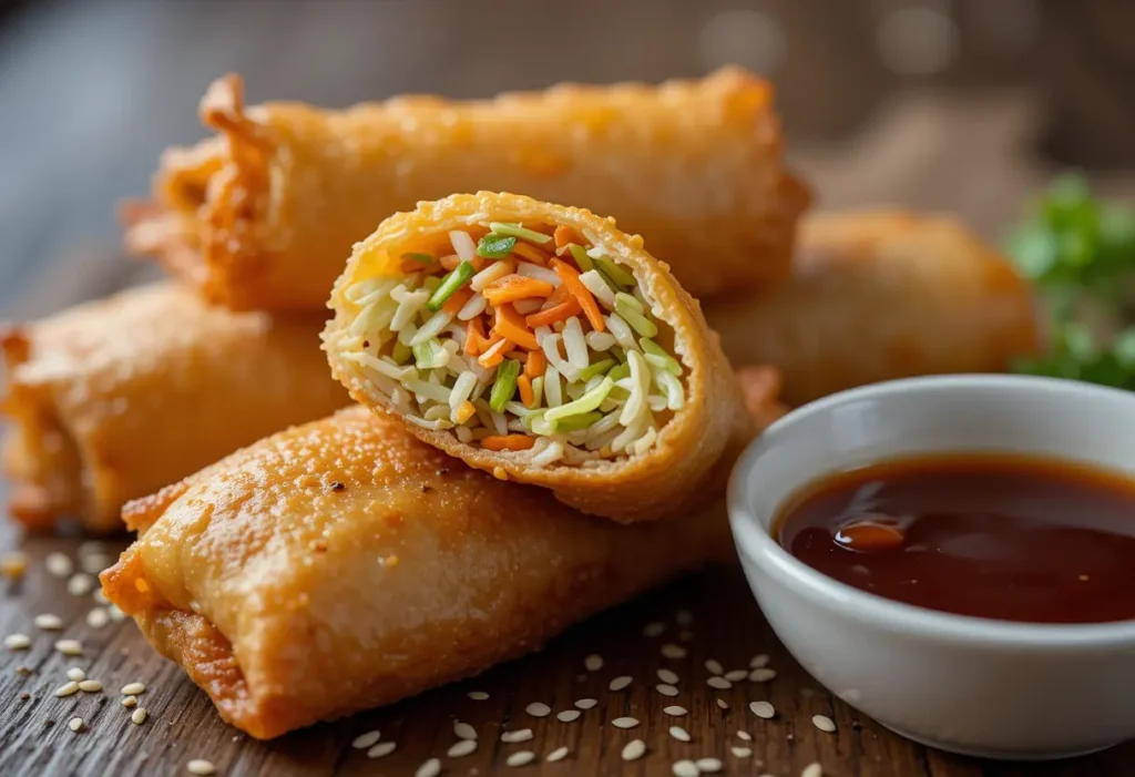 Golden-brown veggie egg rolls with a crunchy texture, served with a side of dipping sauce.