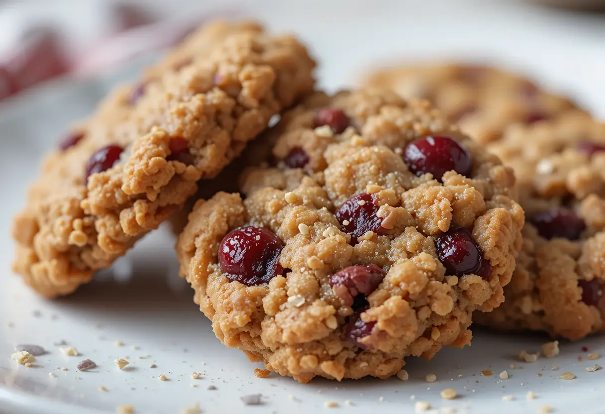 Golden oatmeal cranberry cookies with red cranberries on a white plate.