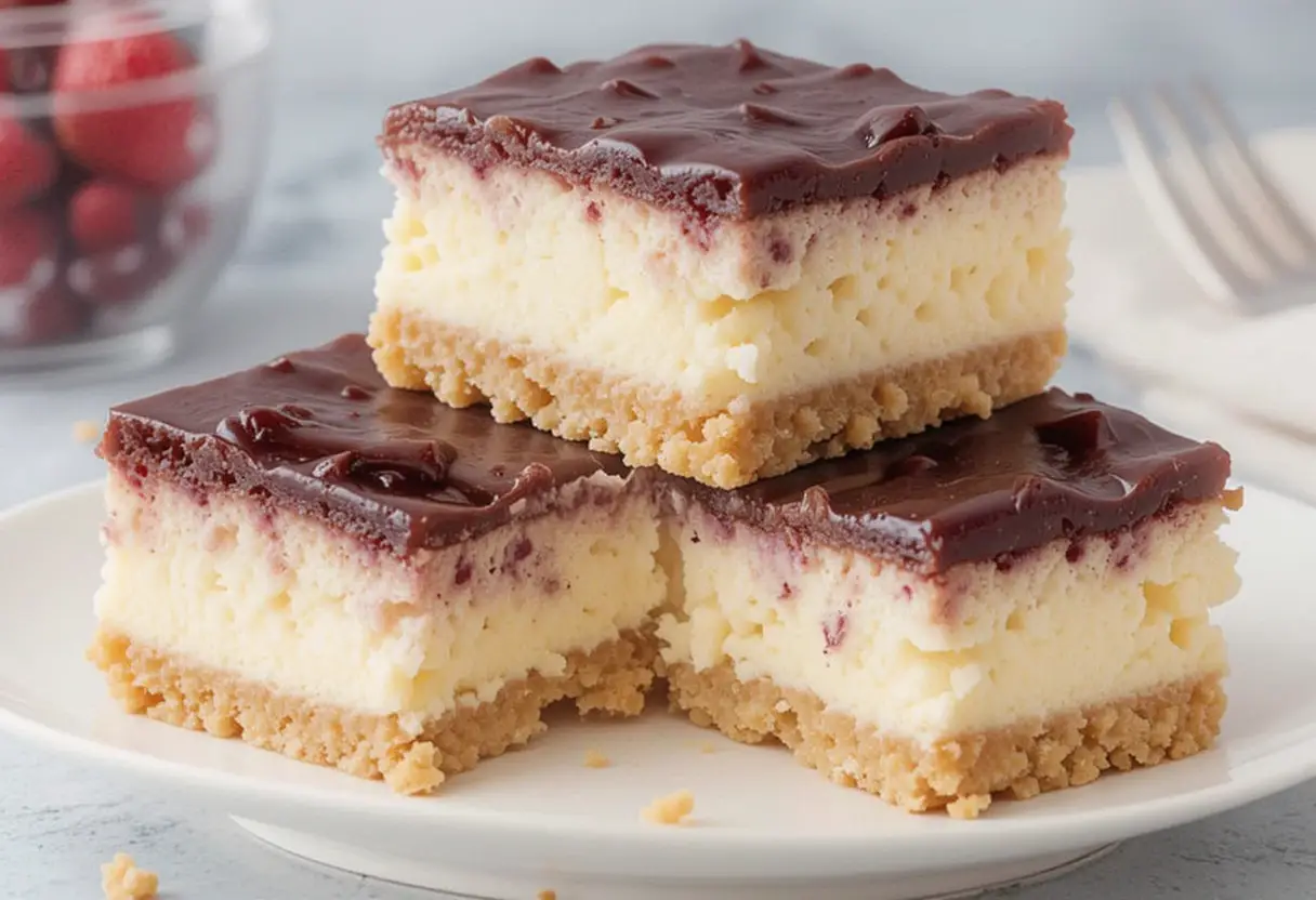 Philadelphia Cheesecake Bars with a creamy filling, chocolate, and raspberry topping.