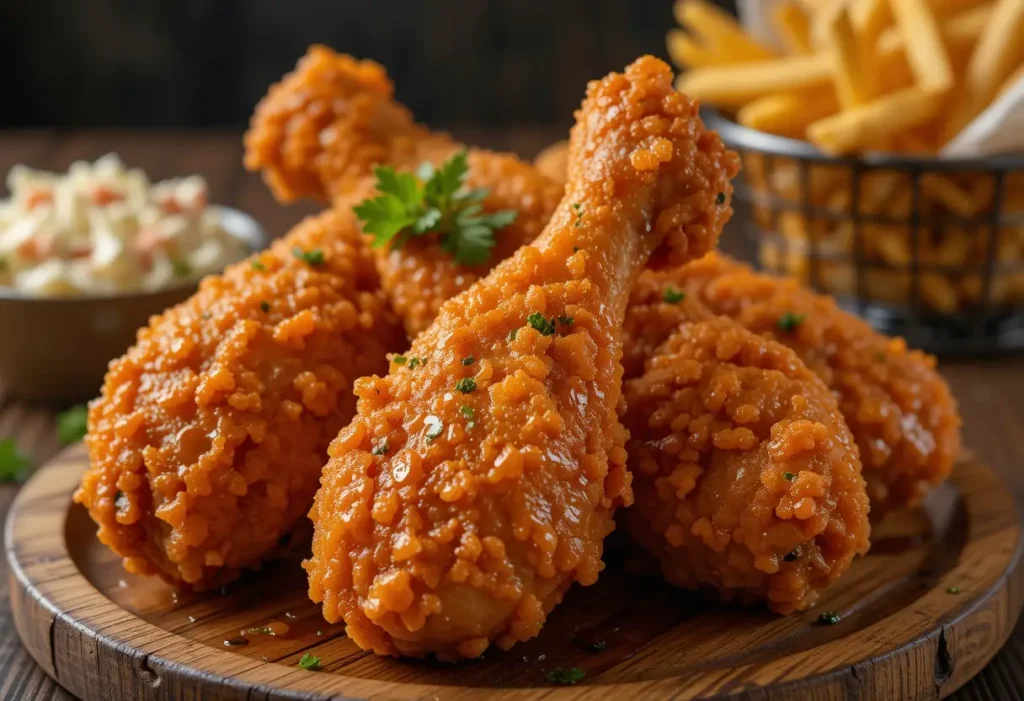 Golden-brown crispy fried chicken legs garnished with fresh herbs, served on a wooden platter with coleslaw and French fries in the background.