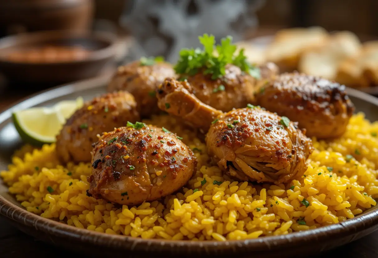 A plate of golden chicken and yellow rice topped with seasoned garnished with fresh parsley and served with lime wedges.