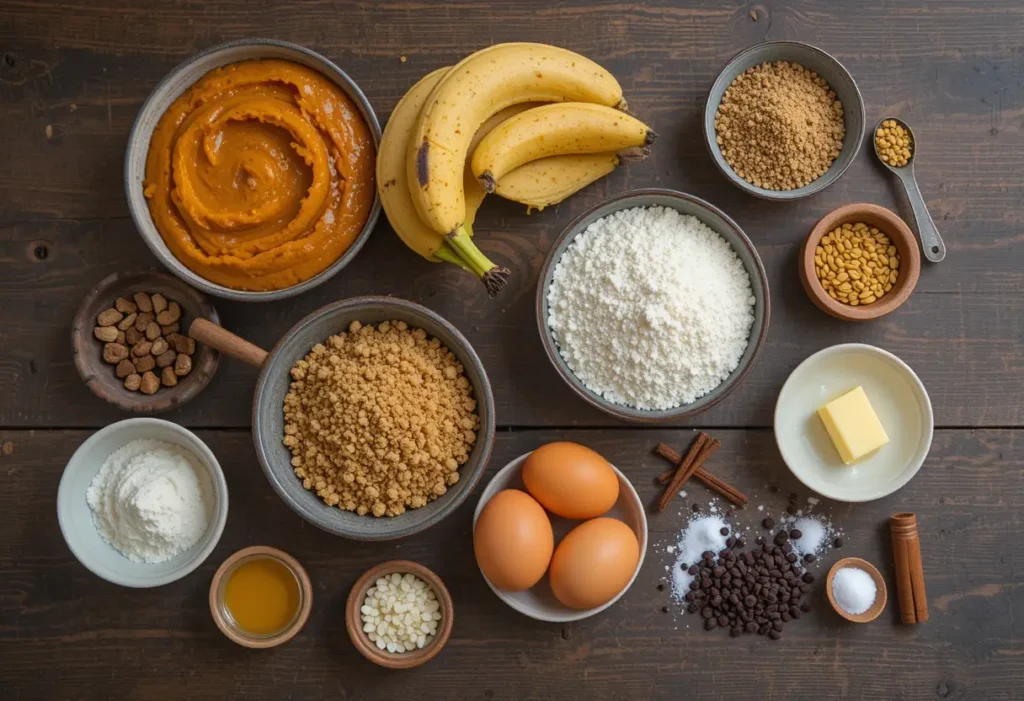 A top-down view of neatly arranged ingredients, including bananas, pumpkin puree, flour, sugar, eggs, butter, spices, and chocolate chips on a rustic wooden surface.