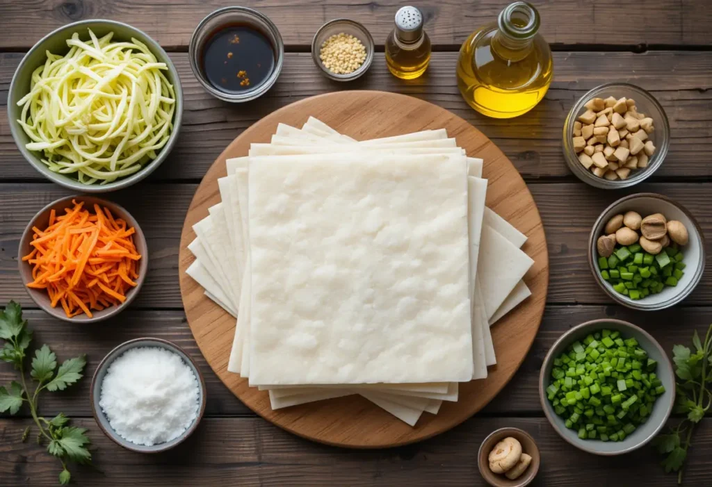 A stack of spring roll wrappers surrounded by fresh vegetables, herbs, and seasonings.