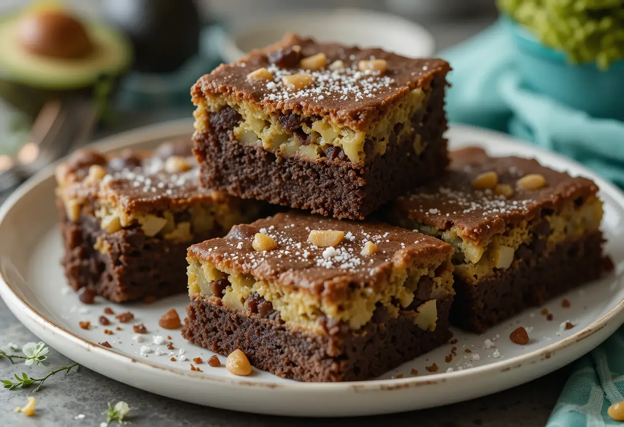 A plate of rich, layered avocado brownies with a fudgy chocolate base, nutty topping, and a dusting of powdered sugar
