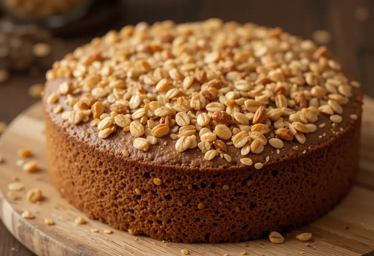 Round coffee cake topped with crunchy oatmeal streusel