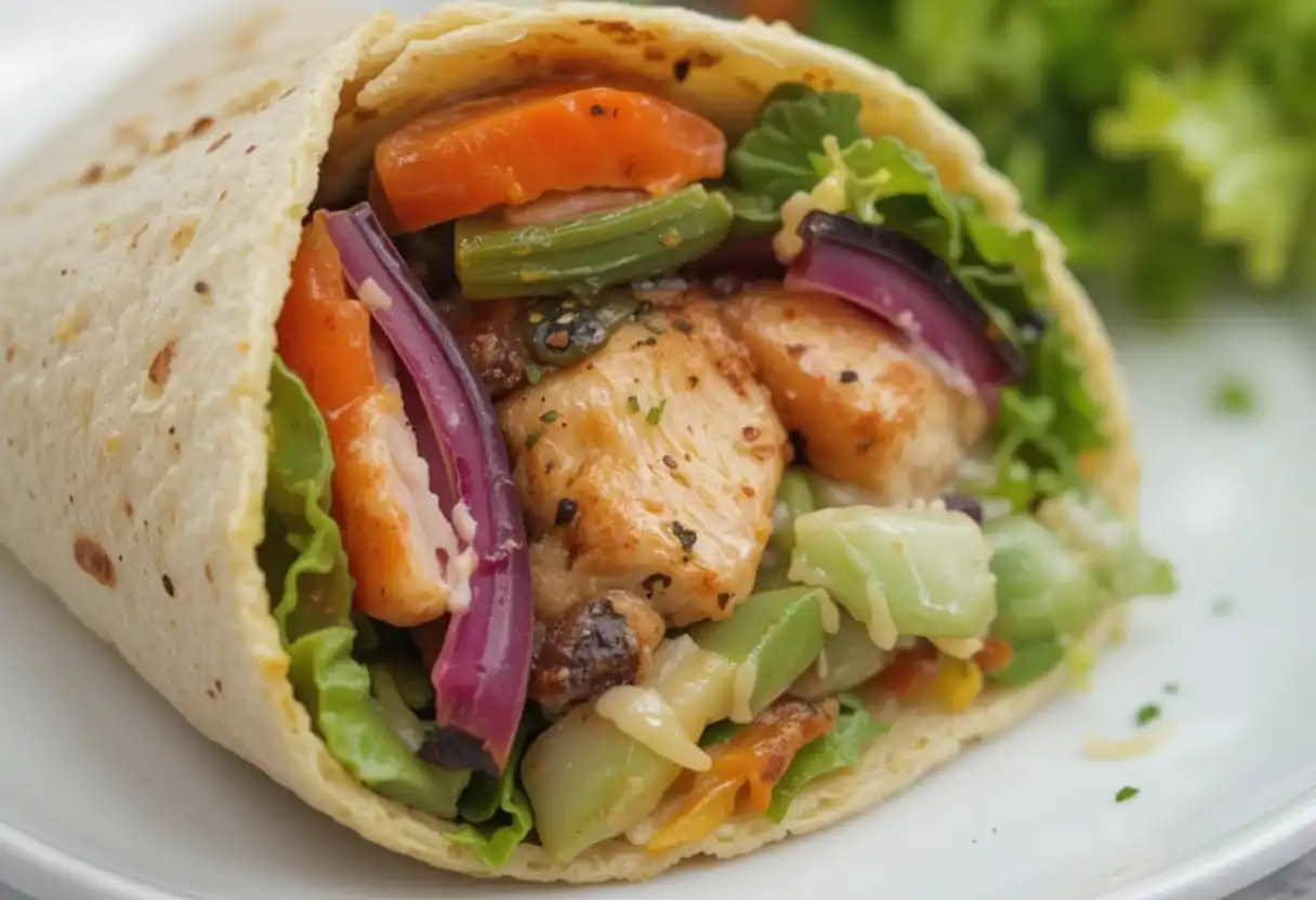 Close-up of grilled chicken wrap filled with vegetables