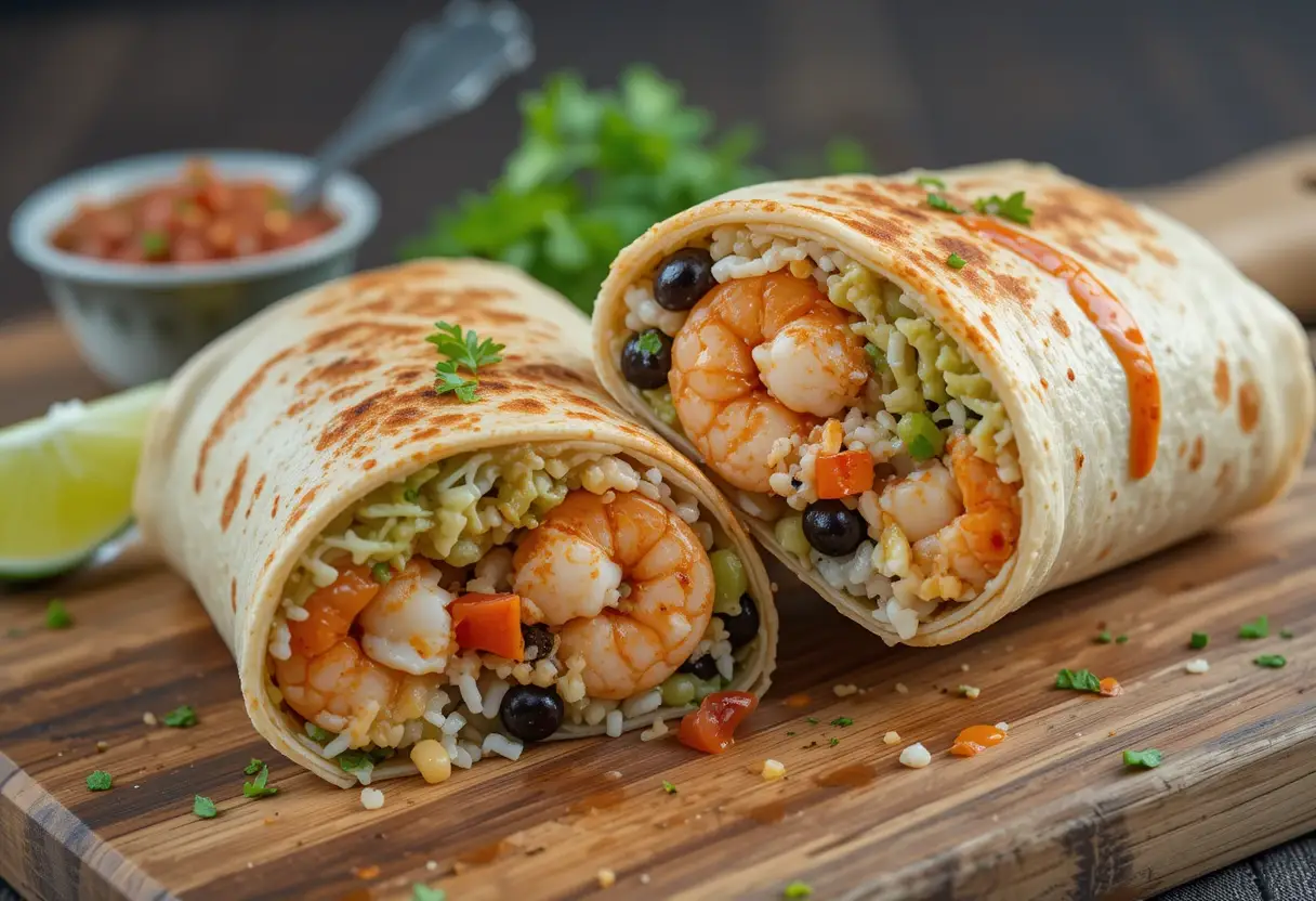 A flavorful shrimp burrito filled with rice, black beans, avocado, and vegetables, served on a wooden board with salsa and lime