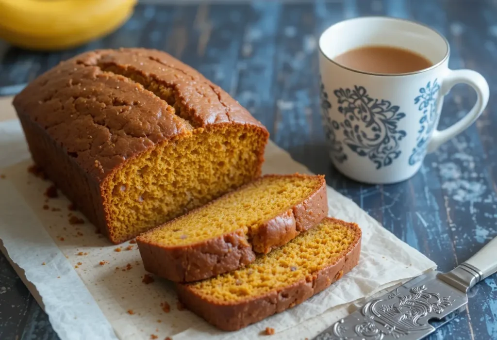 A freshly baked loaf of pumpkin banana bread, sliced and served with a cup of tea on a rustic table