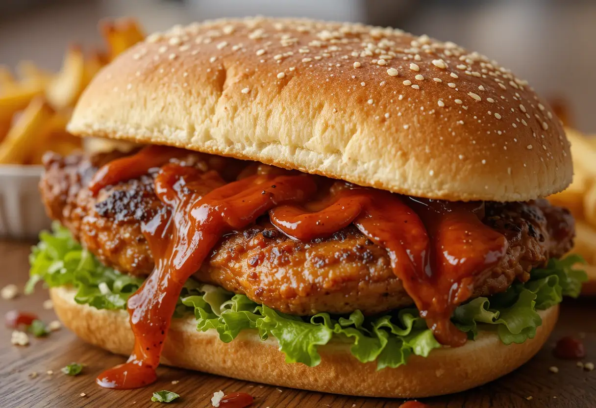 A BBQ chicken sandwich with sauce, lettuce, and a toasted bun.