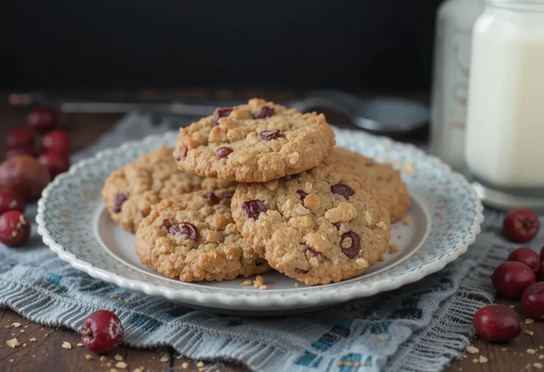 outmeal cranberry cookies in a nice dish joined by a cup of milk