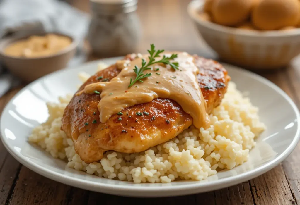 A golden-brown chicken with peanut butter sauce, served over fluffy couscous on a white plate, garnished with fresh herbs, with a rustic wooden table setting in the background.