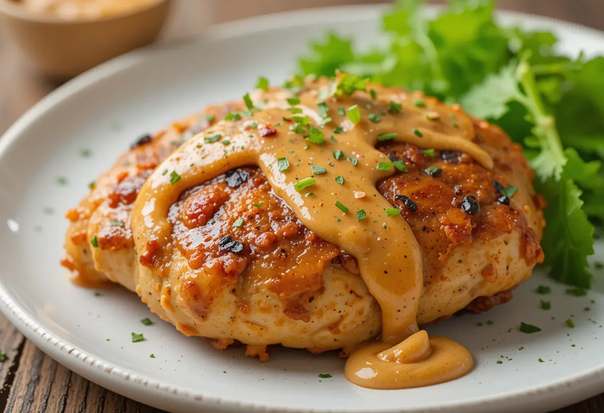 A crispy, golden-brown chicken with peanut butter sauce, garnished with fresh herbs, served on a white plate with leafy greens.