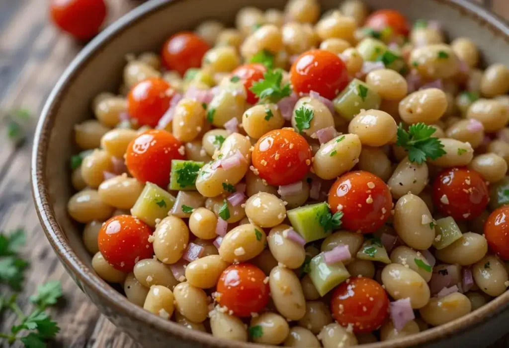 Butter bean salad with cherry tomatoes, red onion, cucumber, and parsley in a rustic bowl, lightly dressed with olive oil.