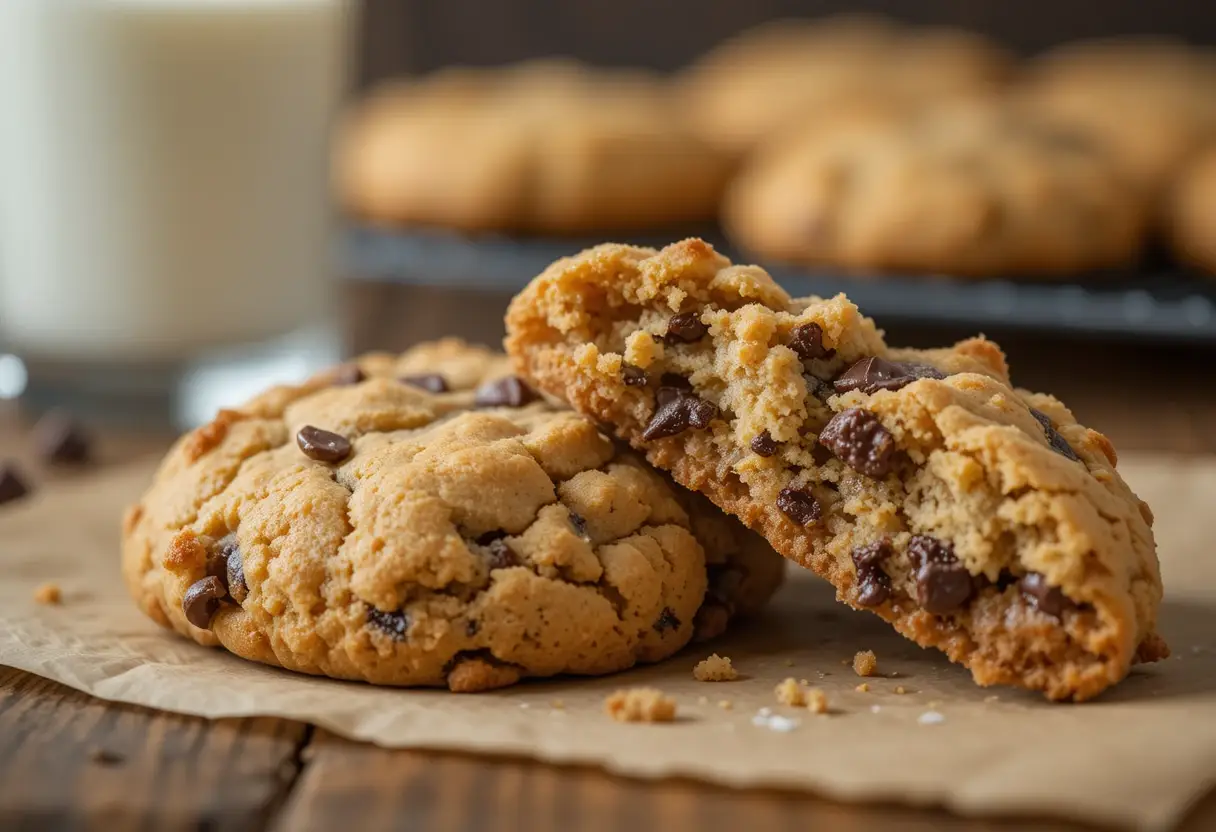 A thick Crumbl-style chocolate chip cookie, with one half broken open, revealing a gooey center.