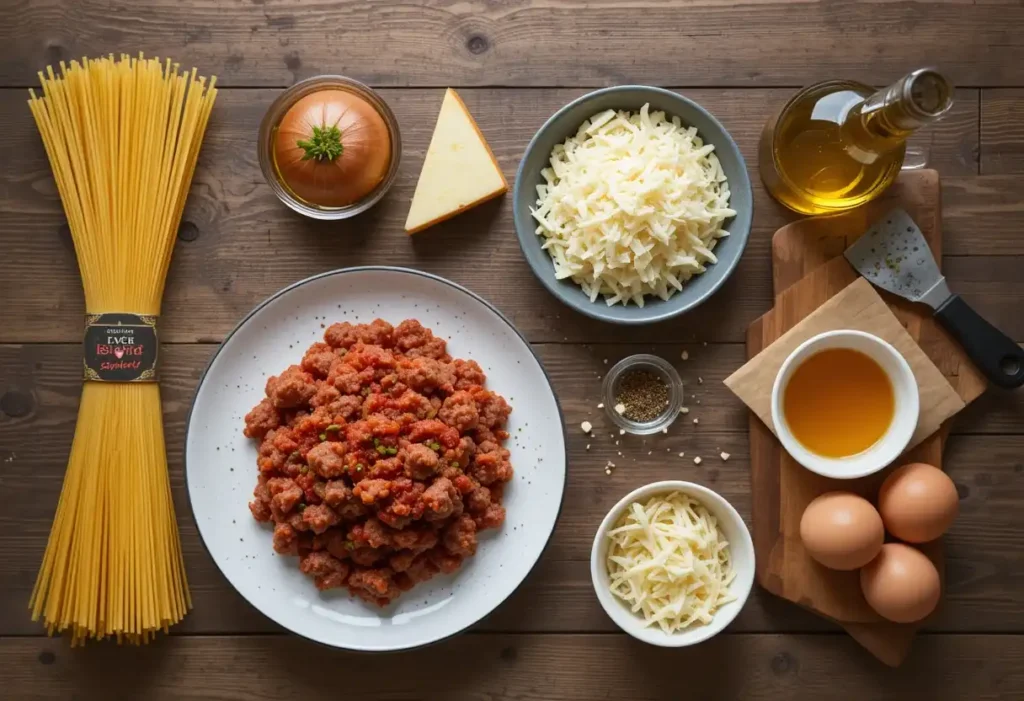 Fresh ingredients for a baked spaghetti casserole
