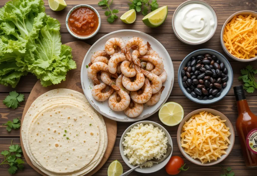 A flavorful shrimp burrito filled with rice, black beans, avocado, and vegetables, served on a wooden board with salsa and lime
