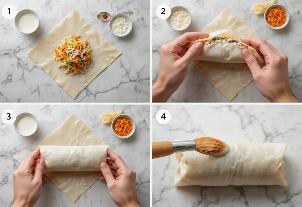 A four-step process of filling, folding, and sealing spring rolls on a marble countertop.