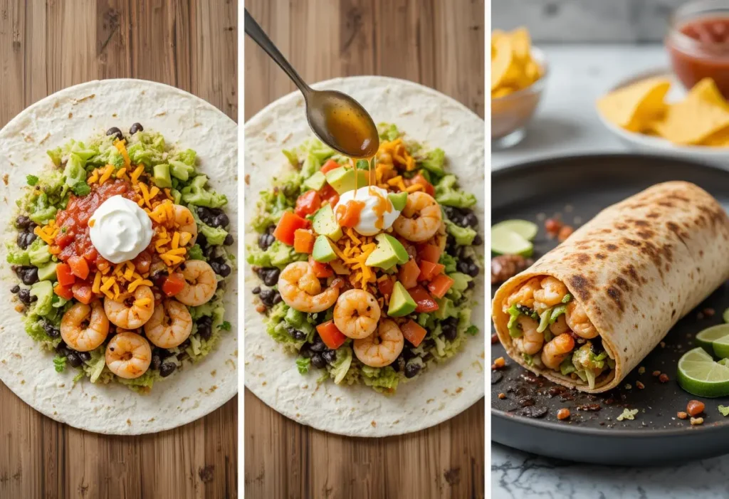 A three-step process of making a shrimp burrito—ingredients layered on a tortilla, sauce being drizzled, and the final wrapped burrito served with lime