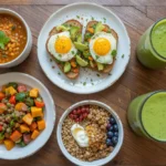 A variety of healthy meals, including soup, avocado toast, veggie stir-fry, a berry bowl, and green smoothies.