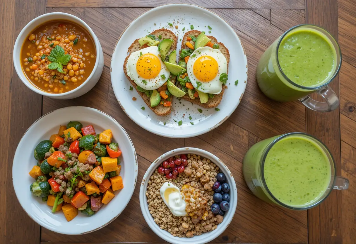 A variety of healthy meals, including soup, avocado toast, veggie stir-fry, a berry bowl, and green smoothies.