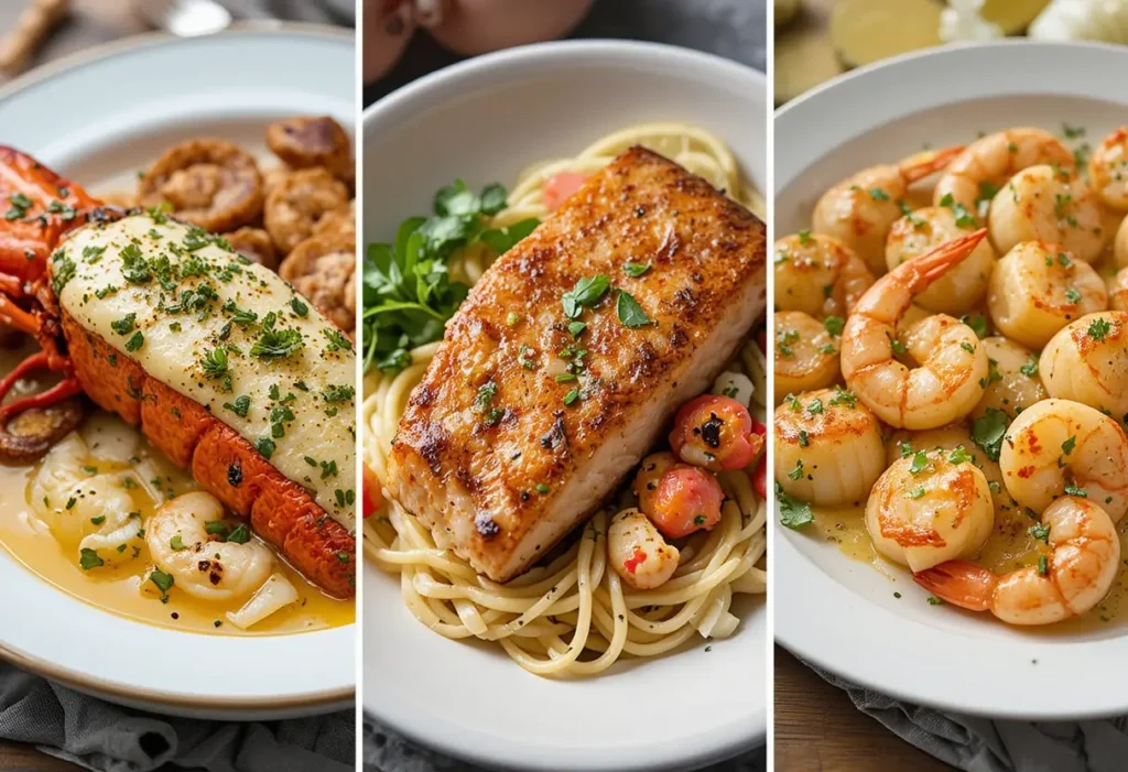  A Seafood Delight featuring a trio of dishes: creamy lobster, grilled salmon over pasta, and sautéed shrimp with scallops, served on white plates.