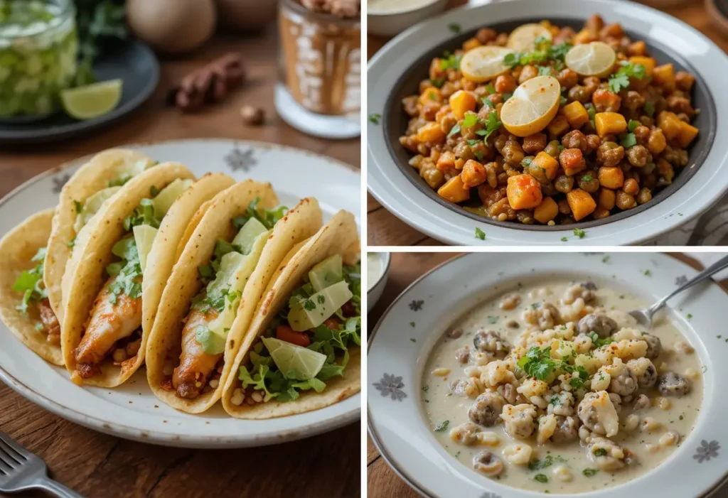 A Seafood Delight featuring fish tacos, a vibrant seafood stew, and a creamy clam chowder, beautifully presented on white plates.