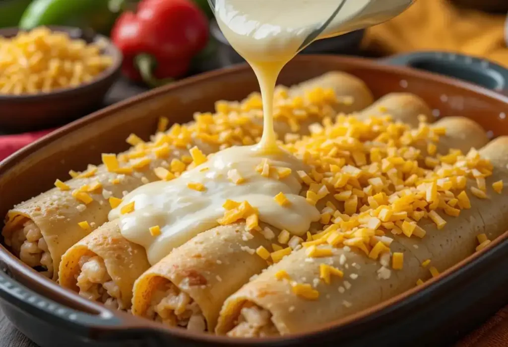 Pouring creamy white sauce over seafood enchiladas in a baking dish, topped with shredded cheddar cheese, ready to bake.