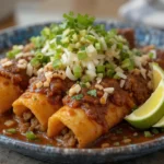 Jalisco-style birria enchiladas with tender meat, rich consommé, chopped onions, green onions, cilantro, and cheese, served with lime wedges on a blue ceramic plate.