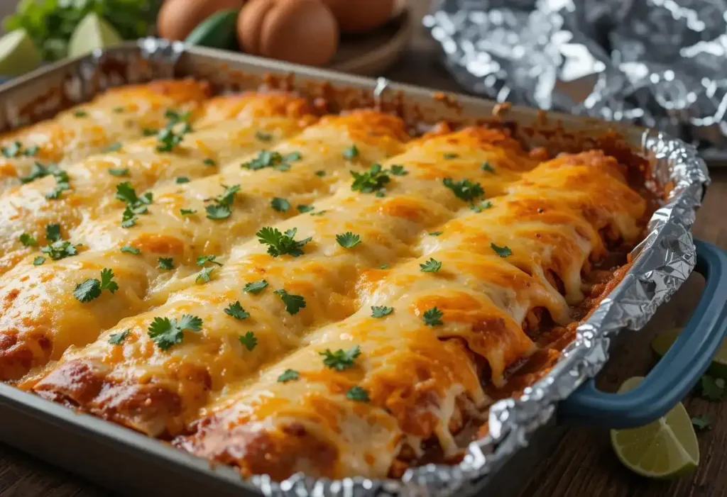Golden-baked seafood enchiladas in a foil-lined dish, topped with melted cheese and fresh cilantro, ready to serve with lime wedges