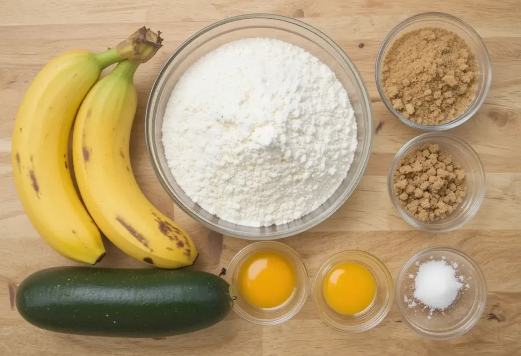Baking Ingredients for a Unique Recipe – Bananas, Zucchini, and More A wooden surface displaying bananas, zucchini, flour, brown sugar, egg yolks, and salt, prepared for a baking recipe.