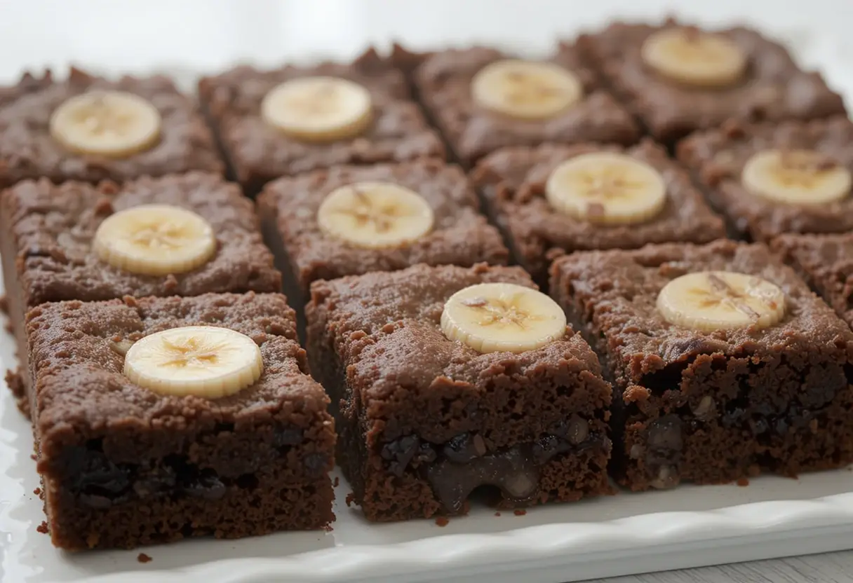 Rich and fudgy chocolate banana brownies topped with banana slices, cut into squares and served on a white platter.