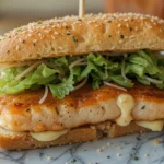 Smoked fish sandwich with greens on a sesame bun.