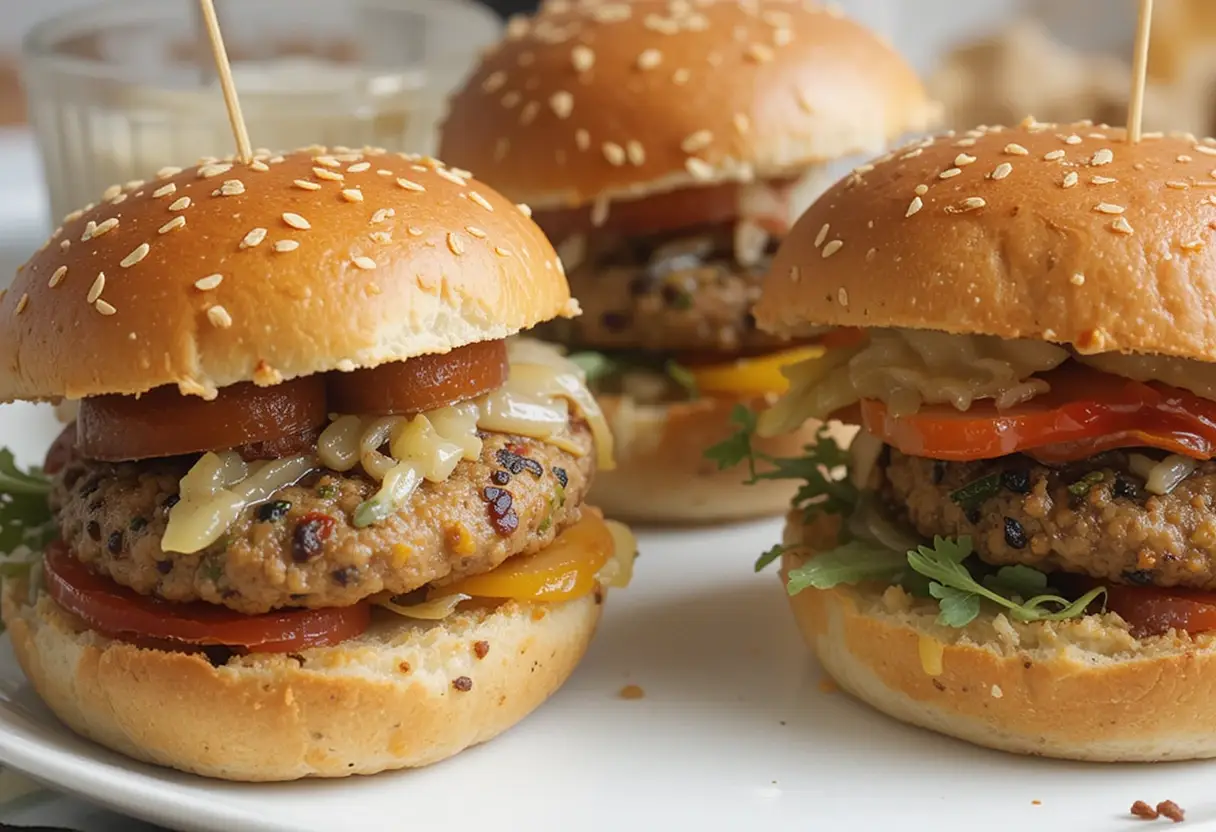 Delicious canned salmon burgers topped with melted cheese, tomato, arugula, and caramelized onions, served on sesame seed buns.