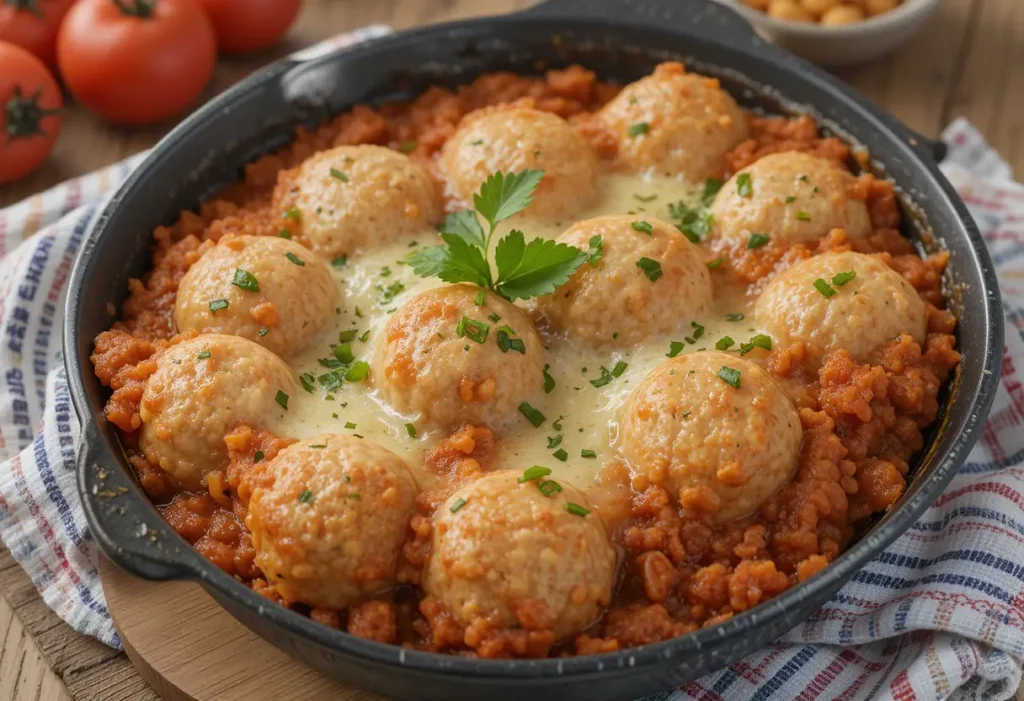 A skillet filled with tender meatballs baked in a rich tomato sauce, covered with melted cheese and garnished with fresh herbs.