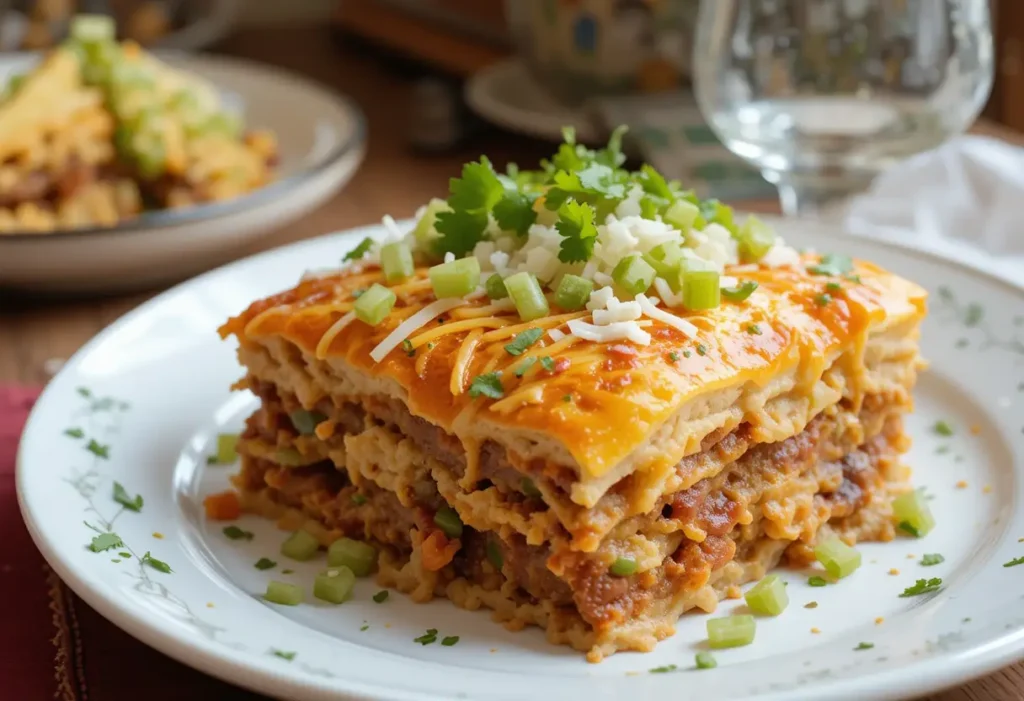 A delicious homemade lasagna layered with rich meat sauce, melted cheese, and garnished with fresh green onions and cilantro.