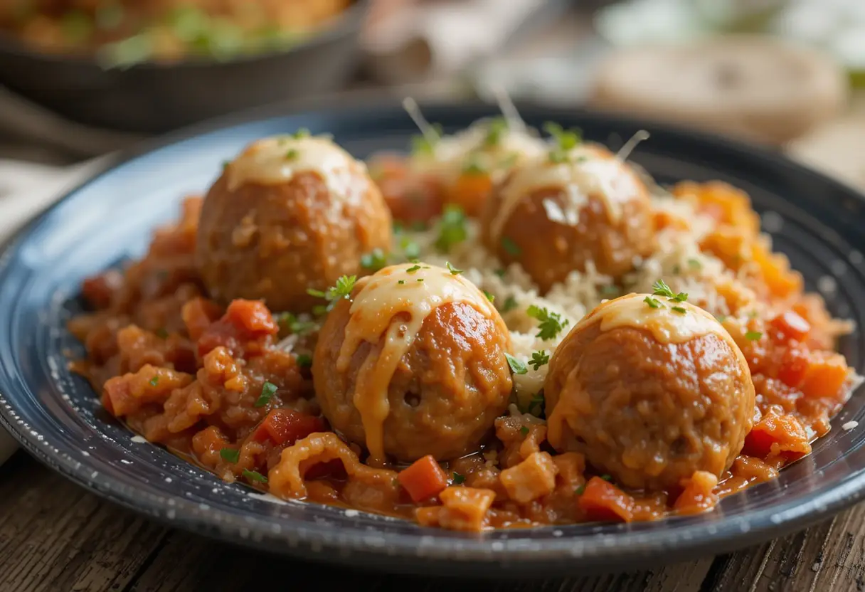 A plate of tender meatballs topped with melted cheese, served over a flavorful tomato sauce with diced vegetables and pasta.
