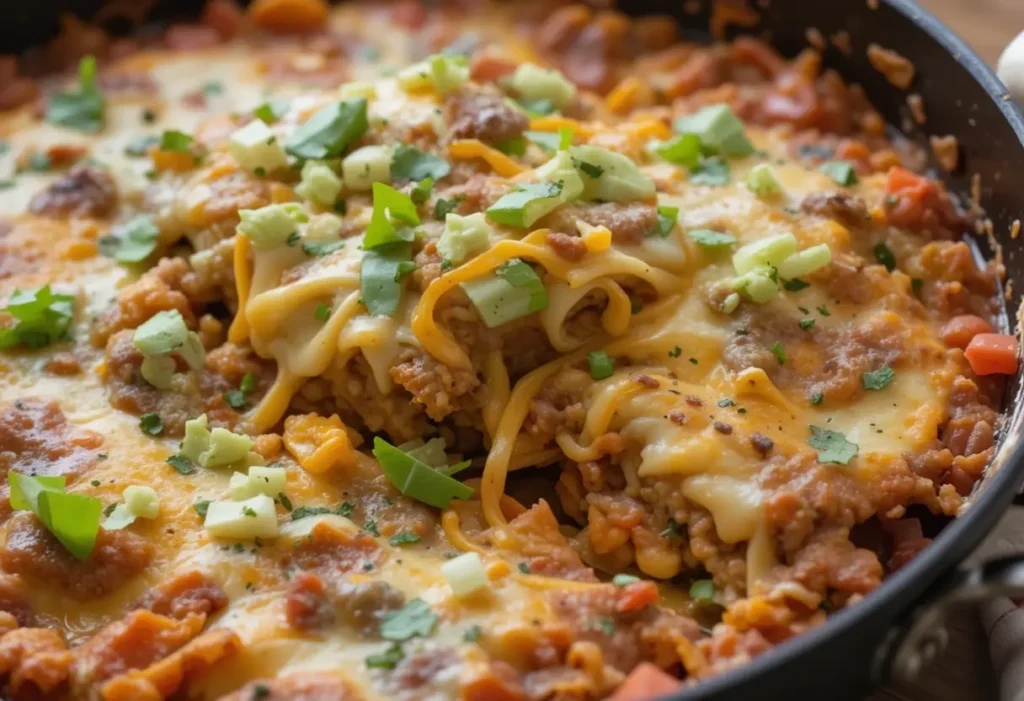 A hearty skillet lasagna with layers of pasta, rich meat sauce, and melted cheese, garnished with fresh herbs and diced green onions.