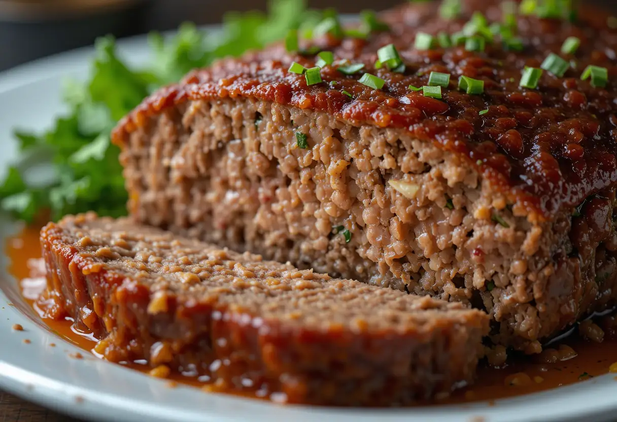 A juicy homemade meatloaf topped with a rich, tangy glaze and garnished with fresh green onions, served on a white plate.