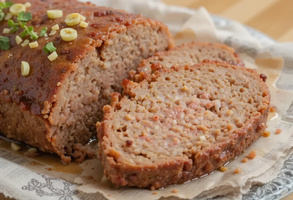 Classic Meatloaf with Onion Soup Mix – Juicy and Flavorful A sliced meatloaf made with onion soup mix, featuring a golden crust, tender texture, and garnished with fresh herbs.