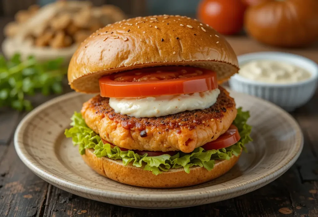 Classic Salmon Burger with Fresh Lettuce and Tomato A classic salmon burger with a seared patty, fresh lettuce, tomato slices, and creamy sauce, served on a toasted sesame seed bun.