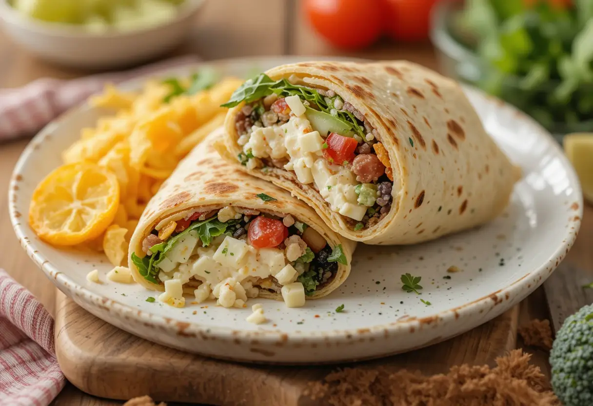 A wholesome wrap filled with fresh vegetables, couscous, and cheese, served on a white plate with a side of lemon slices and chips.