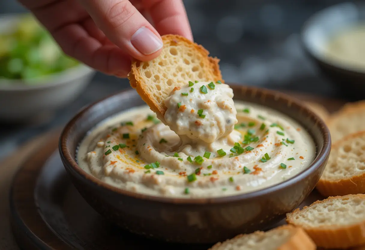 A close-up of a hand dipping a crispy toasted bread slice into a creamy, garnished dip in a brown ceramic bowl.
