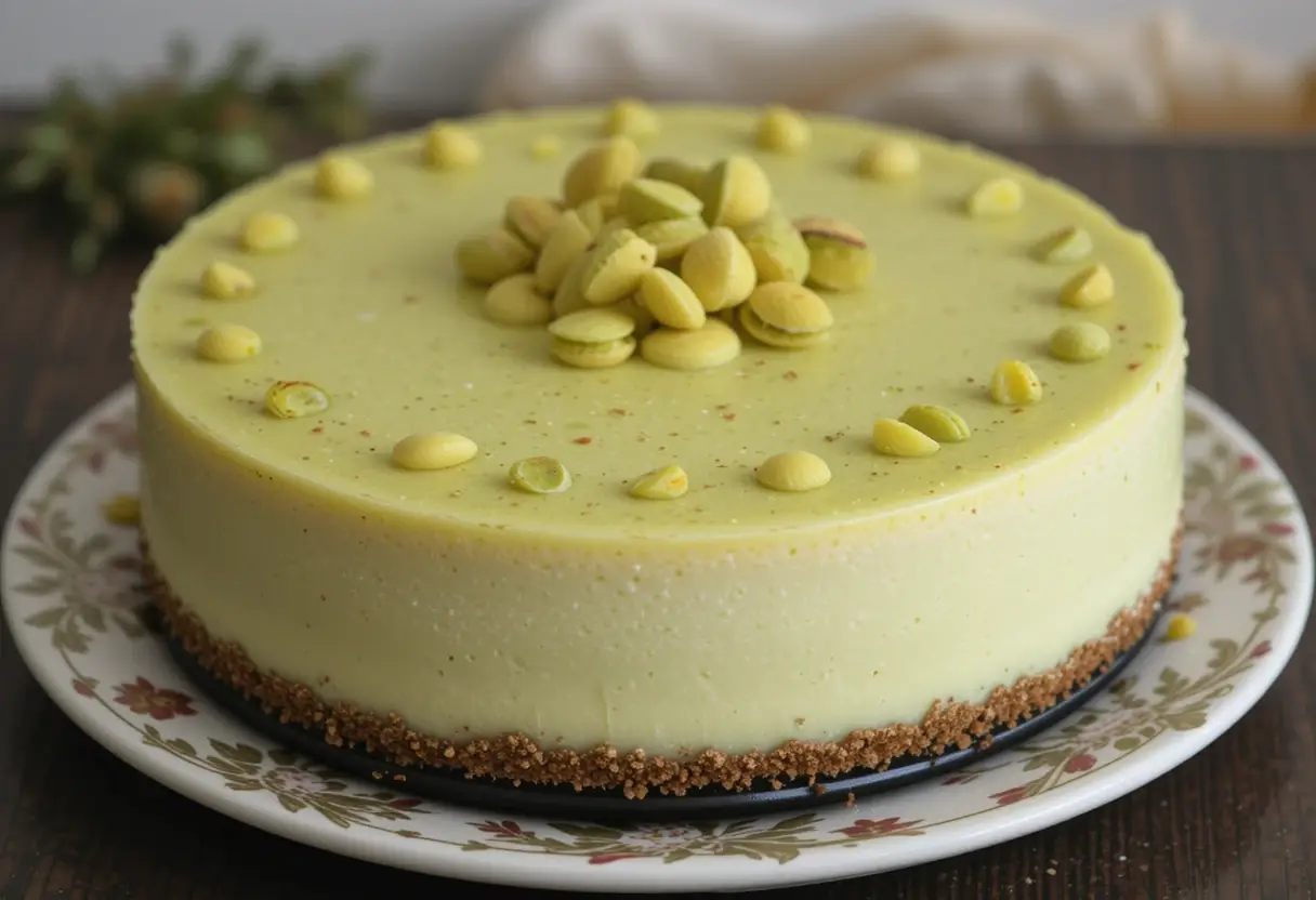 A smooth and creamy pistachio cheesecake with a golden graham cracker crust, topped with whole pistachios for decoration.