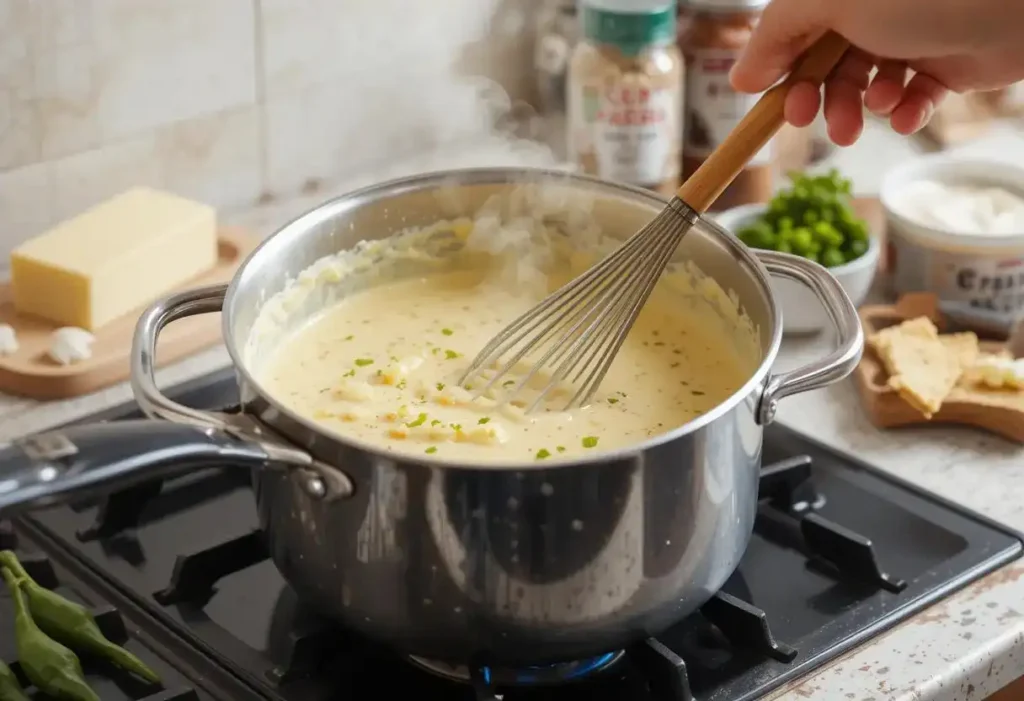 Whisking creamy seafood enchilada sauce in a stainless steel pot with green chilies, sour cream, and seasonings on a stove
